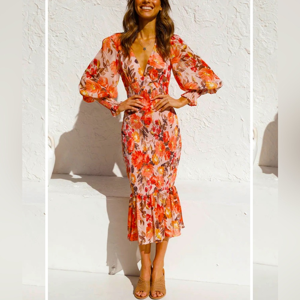 Lilipretty dress- orange and red floral with a very light blush undertone.